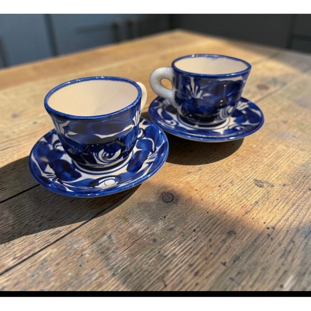 Hand Painted Blue White Floral Ceramic Espresso Cup and Saucer Set of 2